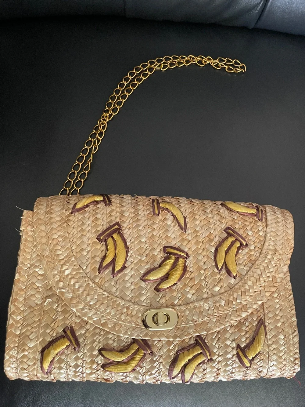 Woven Straw Banana Embroidered Shoulder Bag Natural gold tone chain kawaii pinup